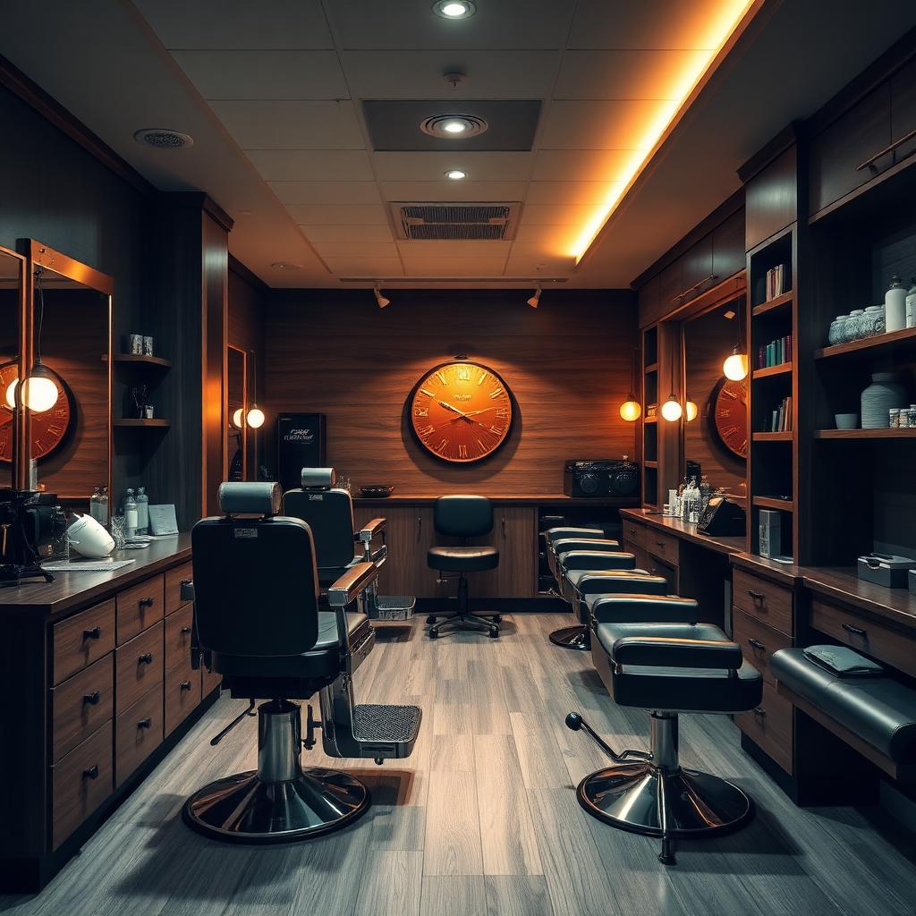 Interior de barbearia moderna com cadeira de barbeiro profissional