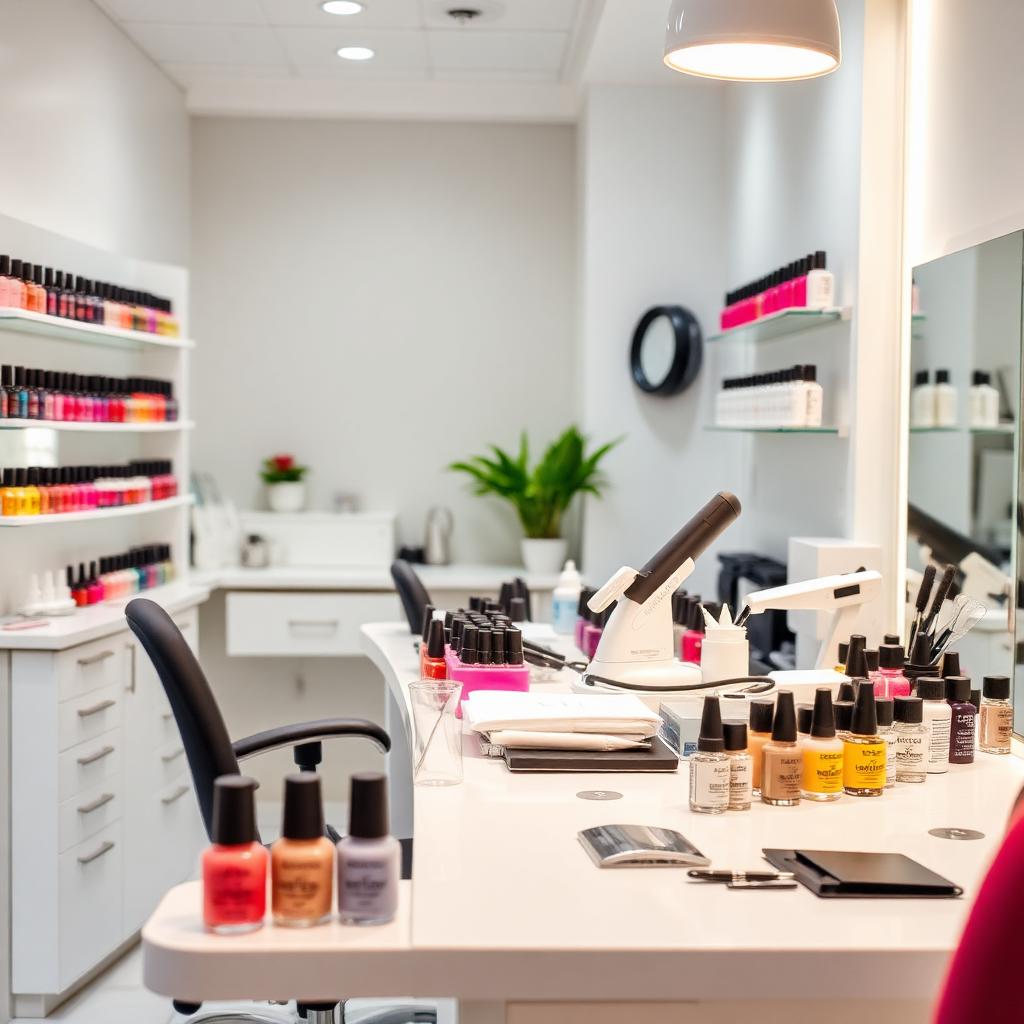 Estação de manicure em esmalteria com esmaltes coloridos
