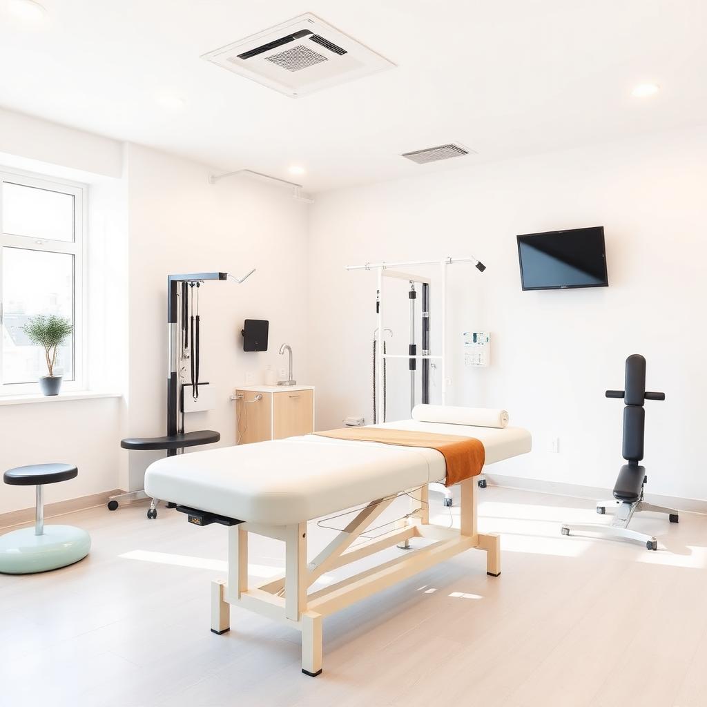 Clínica de fisioterapia com maca de tratamento e equipamentos