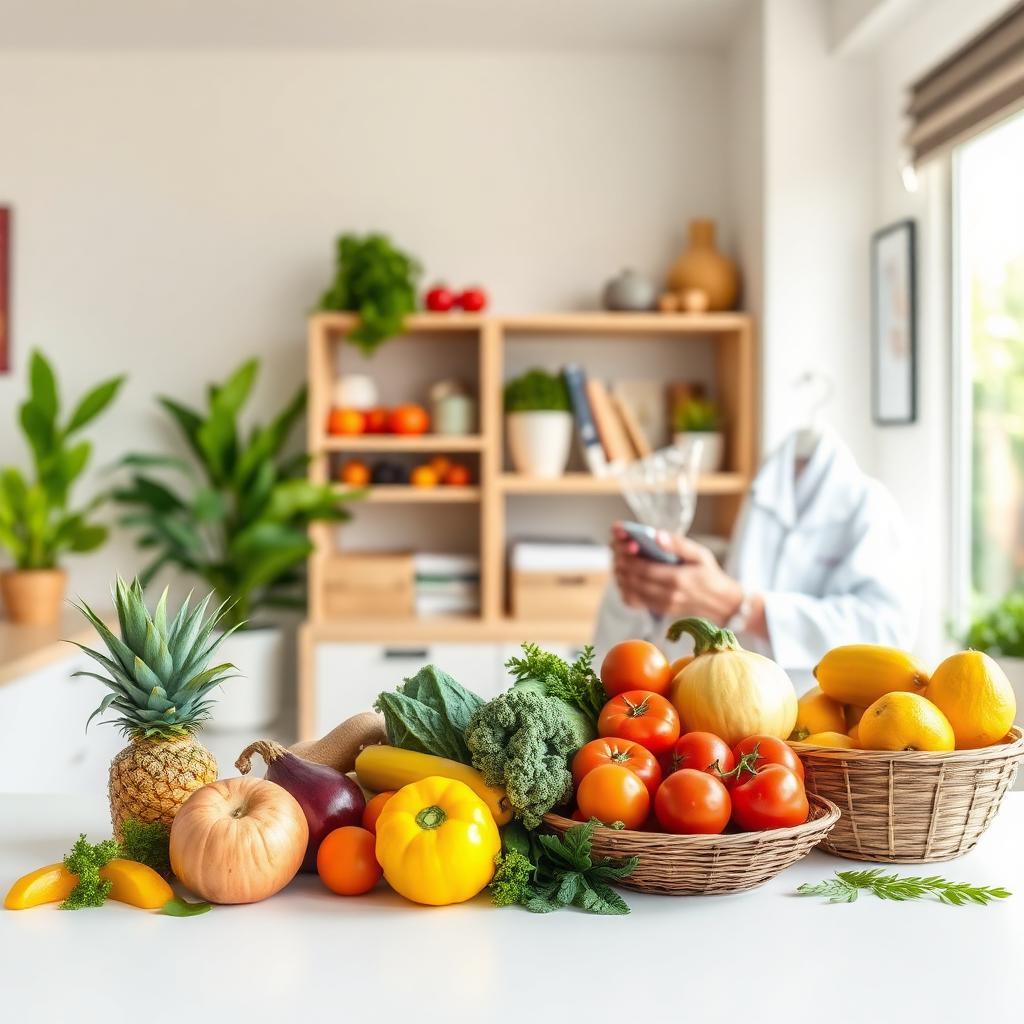 Consultório de nutricionista com frutas e legumes frescos na mesa