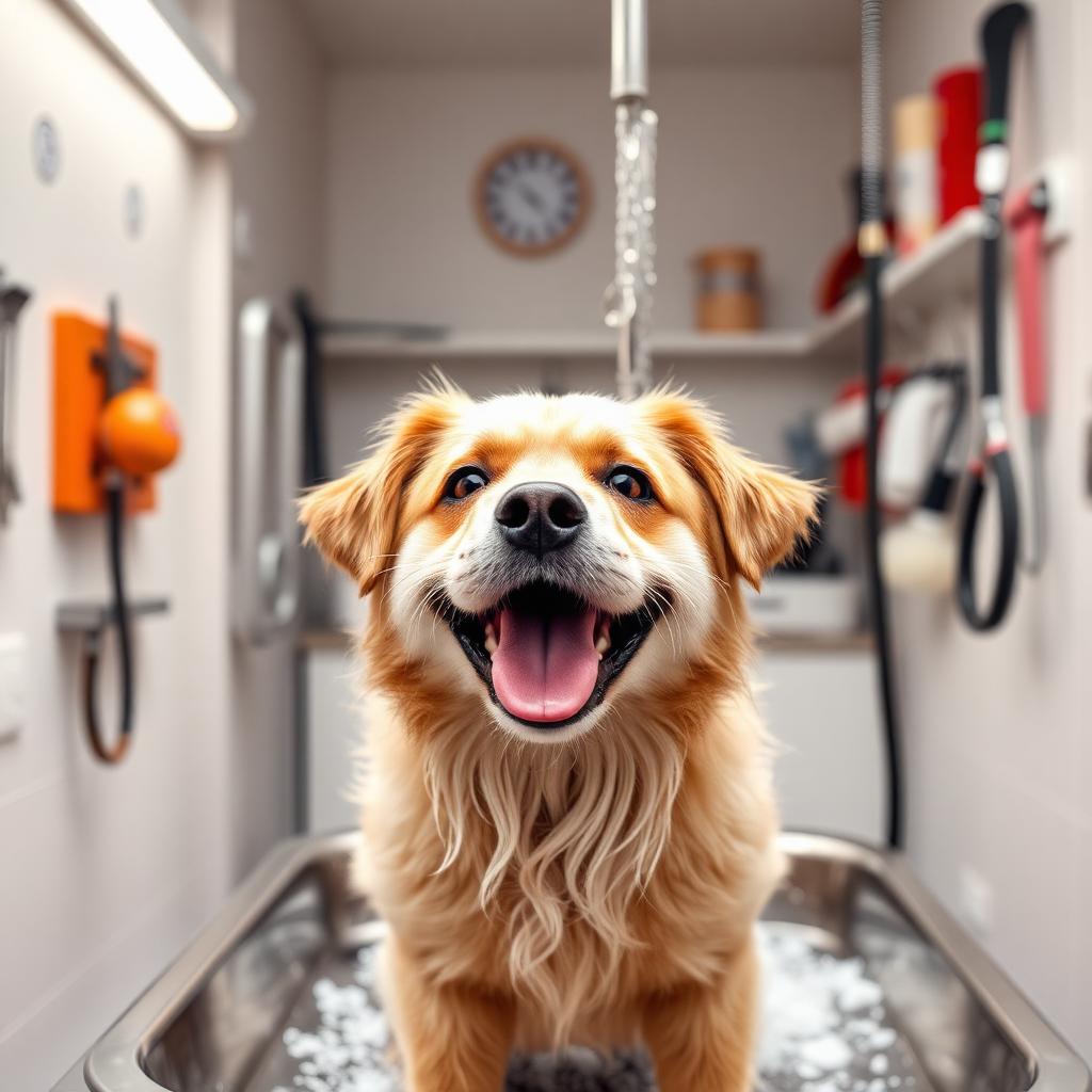 Banho e tosa em pet shop com cão sorridente sendo banhado