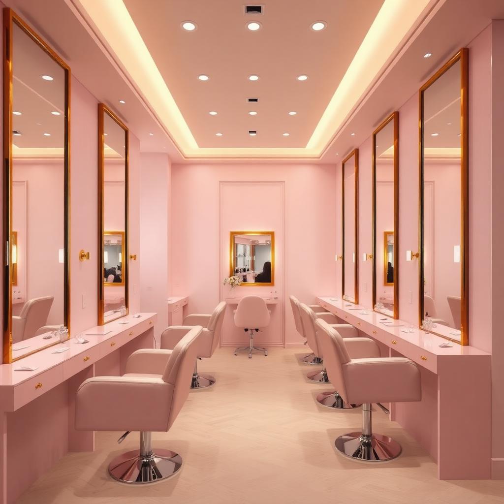 Salão de beleza elegante com estações de penteado e espelhos