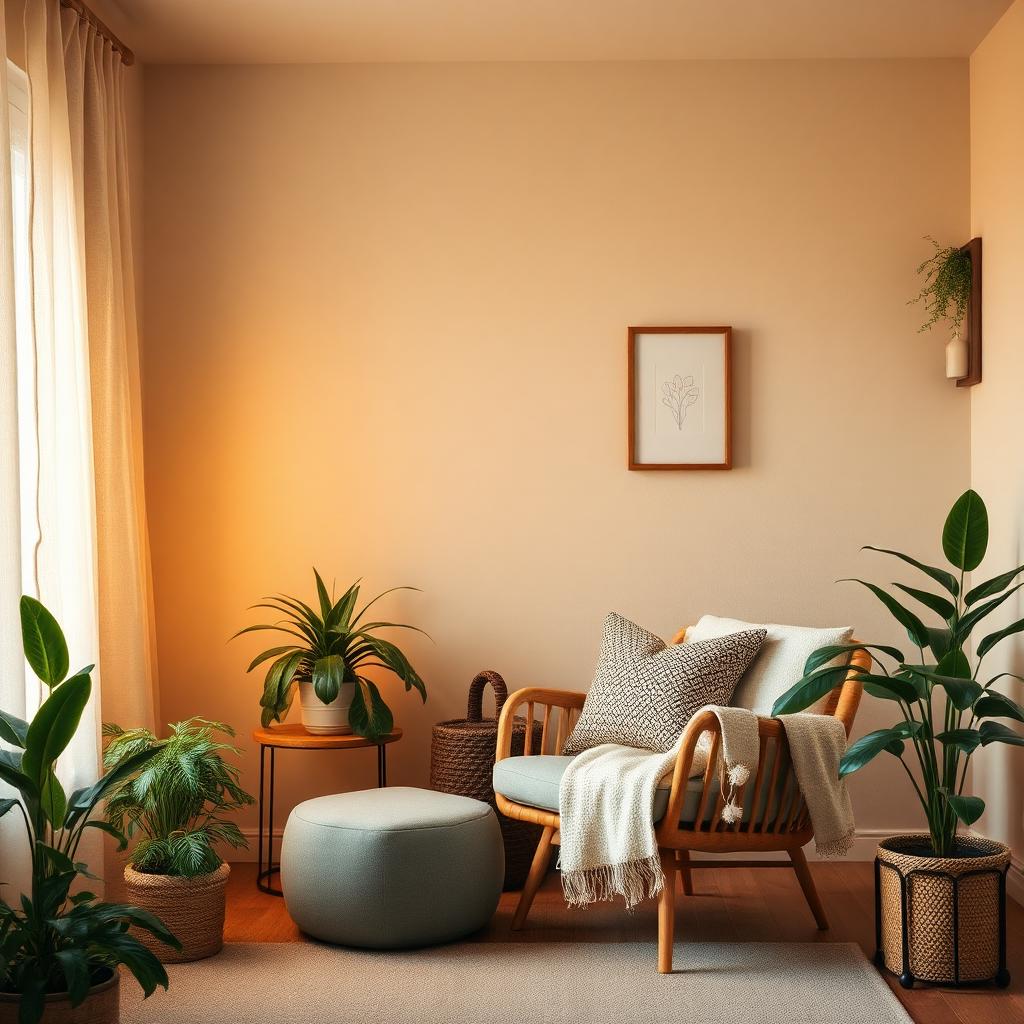 Sala de terapia acolhedora com poltrona, plantas e iluminação suave