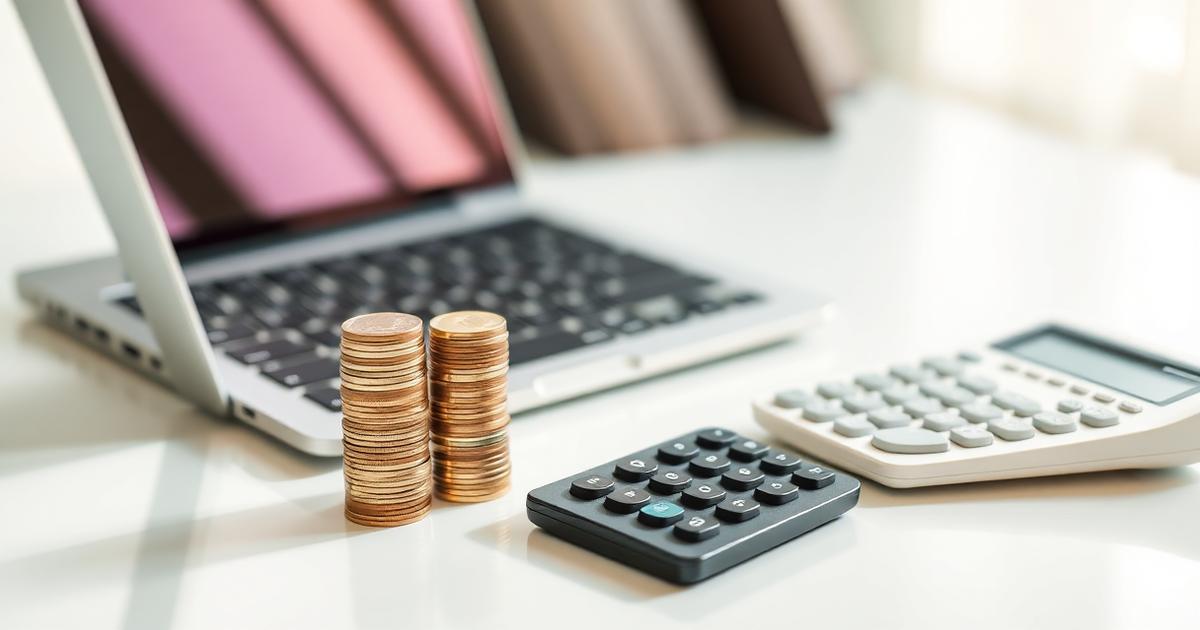 Moedas empilhadas ao lado de um notebook e calculadora