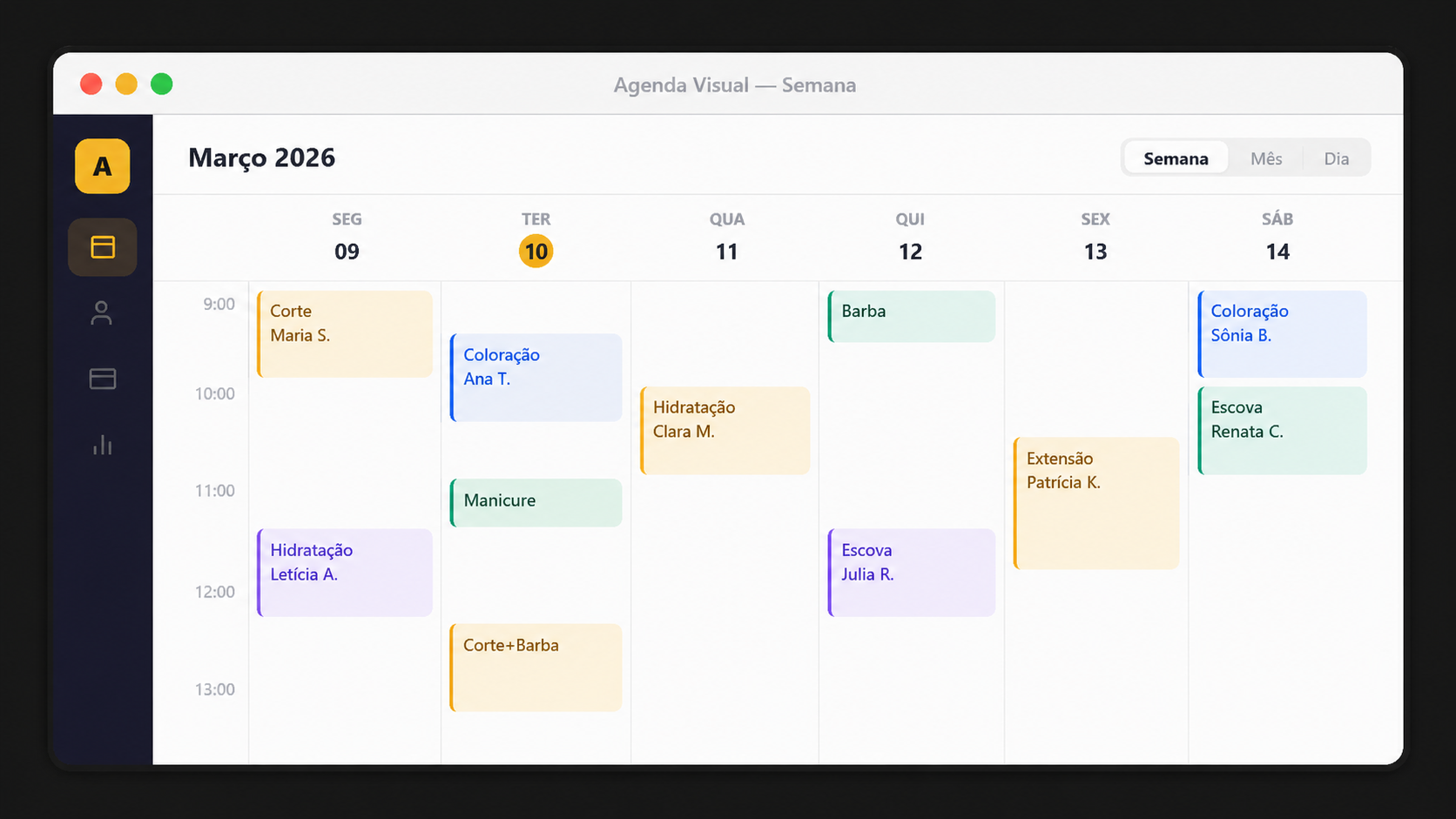 Painel do AgendPro com a agenda semanal, horários, serviços e profissionais organizados por dia