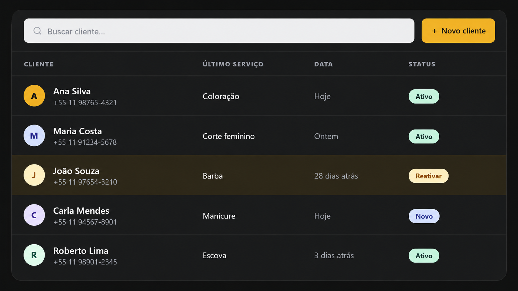 Tela de gestão de clientes do AgendPro mostrando cadastro completo e histórico de atendimentos